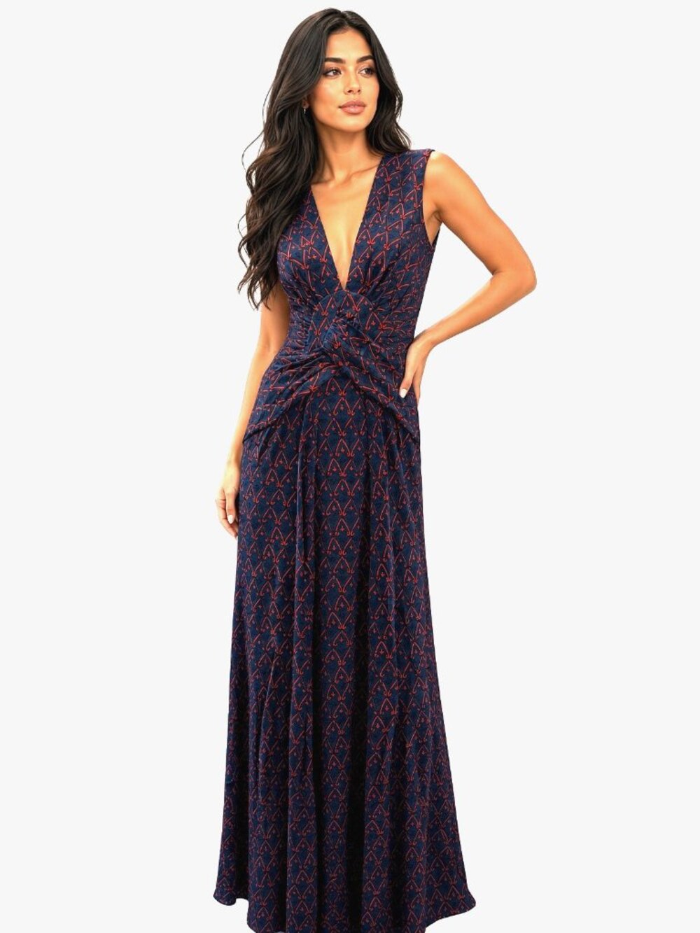 Issa London Silk Jersey Maxi Dress 1 DJSI 1398LN Navy Red V Neck Size 4
